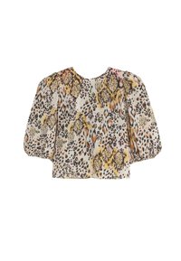 Blusa de manga corta en tejido ligero con un estampado de leopardo multicolor, escote redondo y mangas abullonadas para mayor volumen.