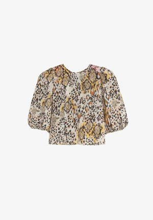 Blusa a maniche corte in tessuto leggero con stampa leopardata multicolore, scollo tondo e maniche gonfie per un volume aggiuntivo.