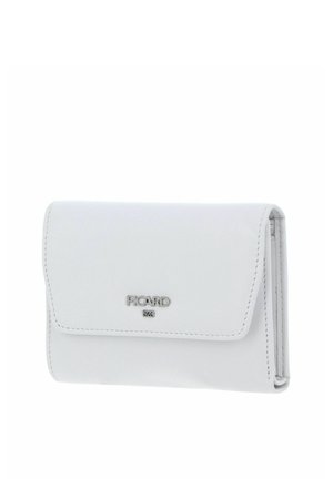 Portefeuille en cuir blanc avec fermeture à rabat et logo argenté de la marque Picard centré sur le devant.