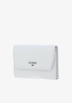Portefeuille en cuir blanc avec fermeture à rabat et logo argenté de la marque Picard centré sur le devant.