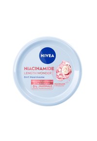 Nivea Niacinamid Length Wonder 3in1 Haarmaske Behälter mit Shea Butter Grafik, die 0% Silikone und maximale Effektivität hervorhebt.