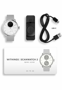 Withings ScanWatch 2, silbernes Gehäuse, weißes Ziffernblatt, graues Silikonband, beinhaltet Ladekabel, Ladegerät und mehrsprachiges Benutzerhandbuch.