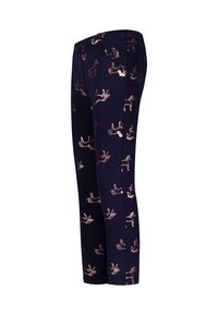 Marineblauwe leggings met een stretchy pasvorm, voorzien van een herhalend metallic rosegouden paardenpatroon. Zachte stof met een elastische tailleband.