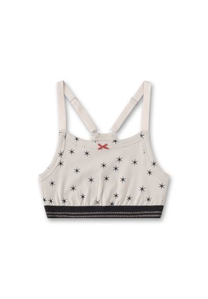 Helles beige Bralette mit schwarzem Sternmuster, verstellbaren Trägern und einem kontrastierenden schwarzen Band mit silberner Verzierung. Weicher, dehnbarer Stoff.