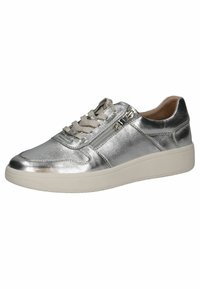 Fémes ezüst színű sneaker sima felülettel, fűzős elejével és oldalsó cipzárral. Fehér platform talp a kényelem és a támogatás érdekében.