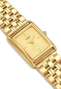 Zelta taisnstūra pulkstenis ar teksturētu zelta ciparnīcu, minimālistiskajiem stundu rādītājiem un zelta saiti ar gludu, pulētu apdari.