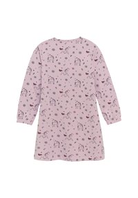 Langærmet natkjole i lyserødt stof med et mønster af en unicorn og blomster i lilla og blå nuancer. Blødt, let materiale.