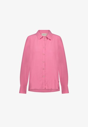 Roze longsleeve shirt van gladde stof, met een knoopsluiting aan de voorkant met hartvormige knopen en een klassieke kraag.