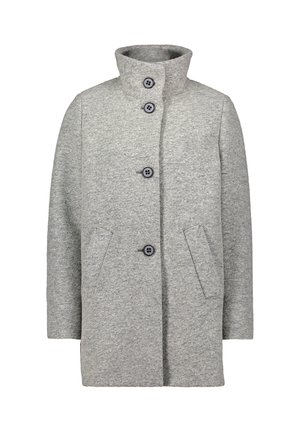 Grau Wollmantel mit hohem Kragen, vier schwarzen Knöpfen und zwei vorderen Taschen. Einfaches Design und leicht strukturierter Stoff.