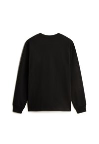 Schwarzes Langarm-T-Shirt aus Baumwolle. Verfügt über einen Rundhalsausschnitt und gerippte Bündchen. Die Rückseite ist schlicht, ohne Grafiken oder Muster.