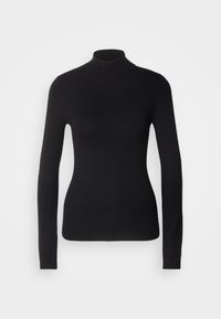 Pull noir ajusté à manches longues avec col roulé à côtes, poignets et ourlet sur fond blanc uni.