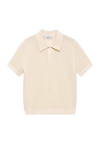 Polo en maille crème à manches courtes, présentant une texture côtelée, une patte à trois boutons, et un liseré contrastant sur le col et les manches.