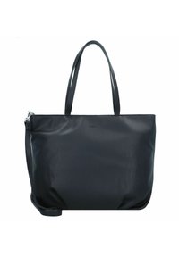 Borsa a tracolla nera in pelle con doppi manici, superficie liscia, forma rettangolare e una tasca laterale con zip. Design minimalista, senza hardware visibile.