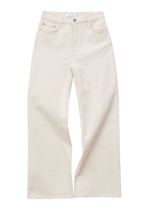 Ecru-weite Jeans mit hohem Bund, vorderer Knopfleiste und Reißverschluss, Gürtelschlaufen und Fünf-Taschen-Design.