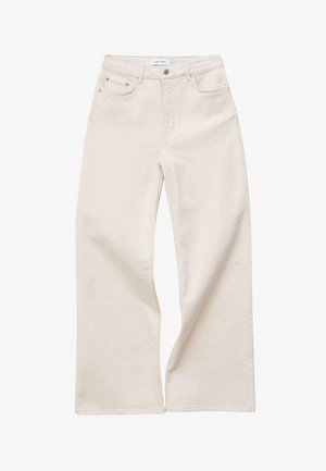 Ecru-weite Jeans mit hohem Bund, vorderer Knopfleiste und Reißverschluss, Gürtelschlaufen und Fünf-Taschen-Design.