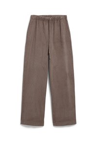 Pantalon en velours côtelé marron avec une taille élastique et un cordon de serrage. Design à jambes larges avec texture côtelée verticale et sans matériel visible.