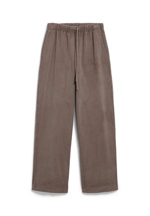 Brown corduroy pants with an elastic waistband and drawstring. Wide-leg design with vertical ribbed texture and no visible hardware.