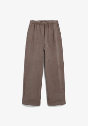 Braune Cord-Hose mit elastischem Bund und Kordelzug. Weite Beinform mit vertikal gerippter Textur und ohne sichtbare Elemente.