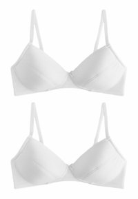 Hvid, polstret bh med justerbare stropper. Har en glat stofstruktur og subtile sømdetaljer. Enkel design uden udsmykninger.