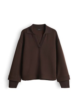 Sweat-shirt marron à col en V, manches longues et poignets côtelés. Confectionné dans un tissu doux avec une coupe décontractée.