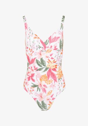 Üheosalise ujumistrikoo lillemustriga, kus on roosa, oranži ja roheline värv. Disainitud kergelt õhukeste rihmadega ja mähitud esituse detailiga.