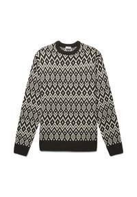 Schwarzer und cremefarbener gemusterter Pullover mit geometrischem Design, runder Halslinie und gerippten Bündchen und Saum in einer gestrickten Textur.