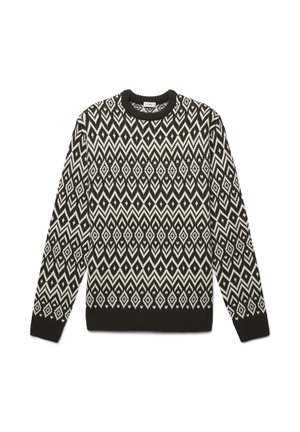 Schwarzer und cremefarbener gemusterter Pullover mit geometrischem Design, runder Halslinie und gerippten Bündchen und Saum in einer gestrickten Textur.