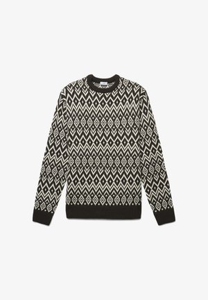 Schwarzer und cremefarbener gemusterter Pullover mit geometrischem Design, runder Halslinie und gerippten Bündchen und Saum in einer gestrickten Textur.