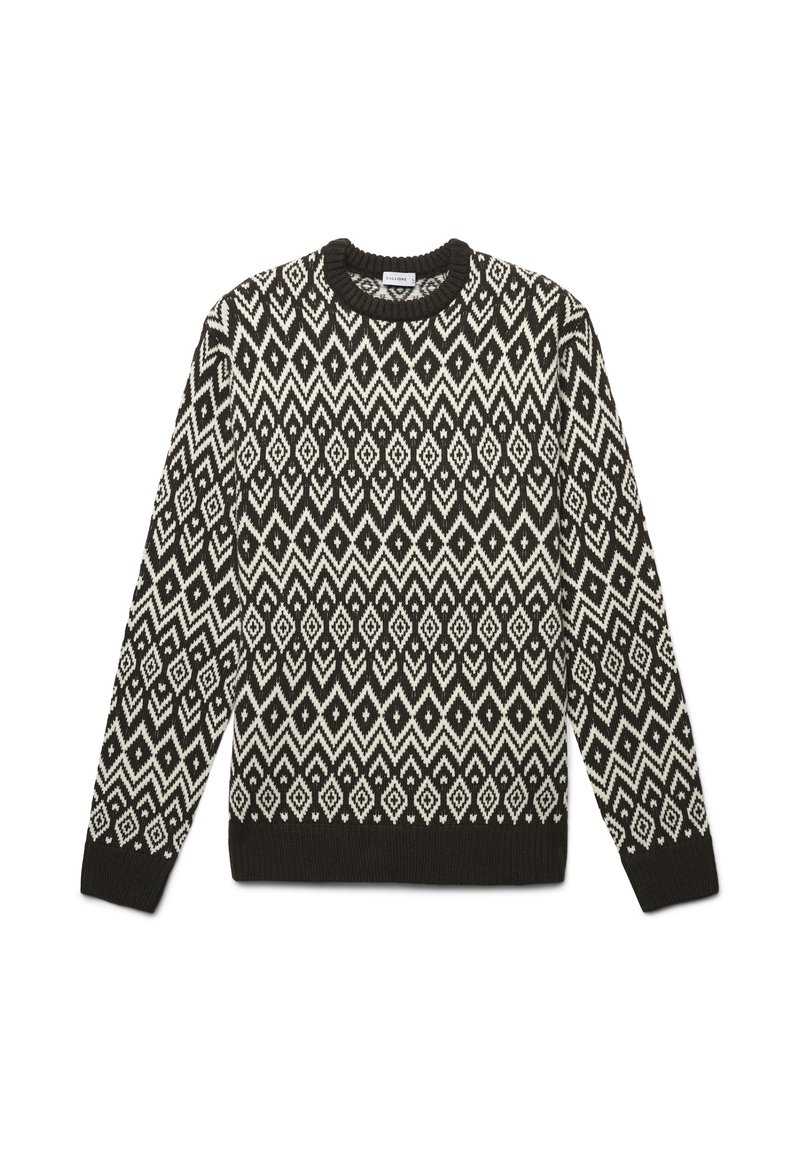 Schwarzer und cremefarbener gemusterter Pullover mit geometrischem Design, runder Halslinie und gerippten Bündchen und Saum in einer gestrickten Textur.