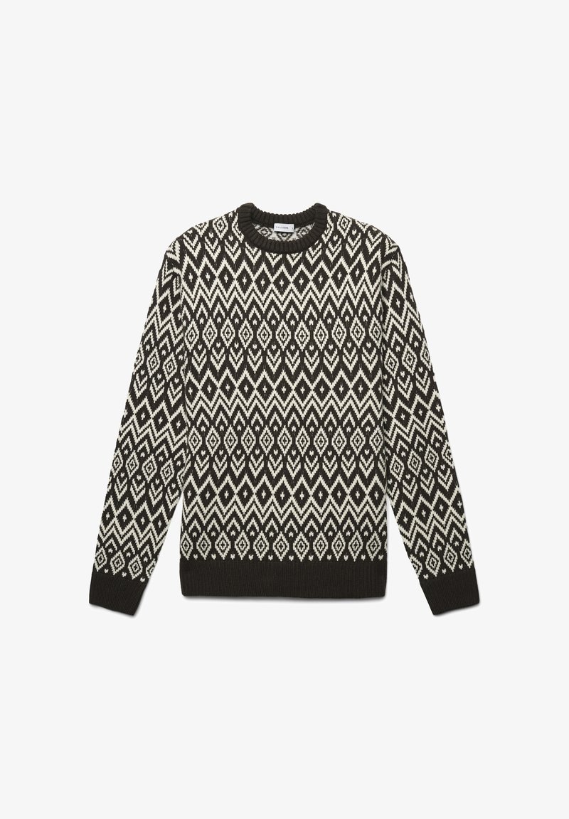 Schwarzer und cremefarbener gemusterter Pullover mit geometrischem Design, runder Halslinie und gerippten Bündchen und Saum in einer gestrickten Textur.