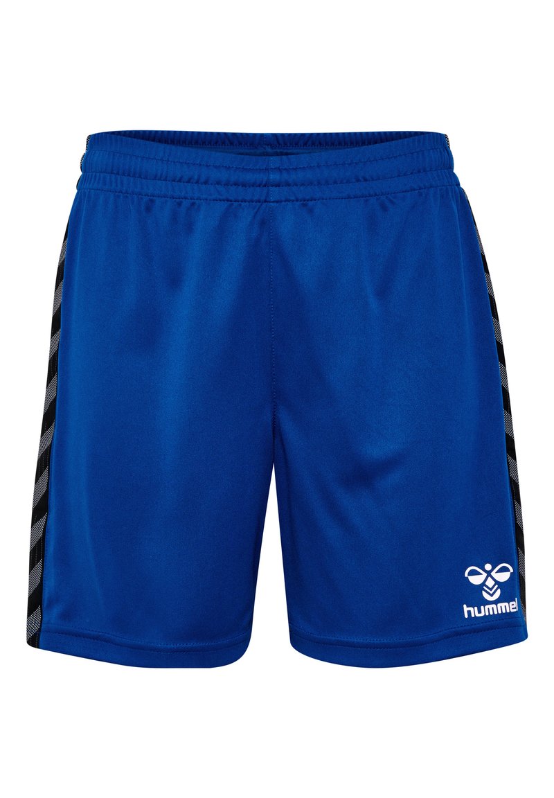 Blå träningsshorts i slät tyg, med svarta sidopaneler med ett chevronmönster och en vit logotyp på den nedre fronten.