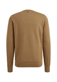 Brązowy sweter dzianinowy z fakturowanym wzorem, okrągłym dekoltem i ściągaczami przy rękawach. Brak widocznego logo na plecach. Prosty fason z długimi rękawami.