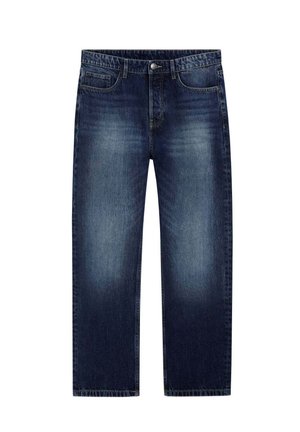 Jean droit bleu foncé avec des sections plus claires délavées, design classique à cinq poches, fermeture par bouton métallique, et texture robuste en denim.