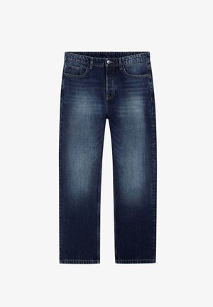 Donkerblauwe rechtvallende jeans met lichtere vervaagde delen, klassiek ontwerp met vijf zakken, metalen knoopsluiting en stevige denimstructuur.