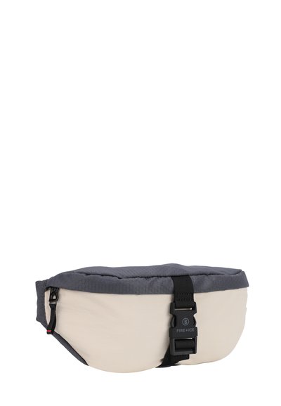 Borsa a cintura con parte superiore grigia a trama esagonale e parte inferiore crema, dotata di chiusura a fibbia in plastica e zip di accesso laterale.