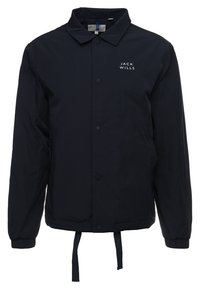 Námořnická modrá bunda Jack Wills s límcem, předními knoflíky, elastickými manžetami a nastavitelnými šňůrkami na spodním lemu.