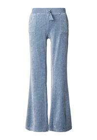 Pantaloni largi de lounge, albăstrui deschis, din velur, cu talie reglabilă prin șnur și două buzunare laterale; textură moale și finisaj neted.