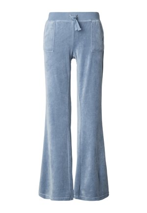 Hele sinine veluurist, paistvate laienevate lõõgastuspükste vöökoht on paelaga reguleeritav ja neil on kaks küljetaskut; pehme tekstuur ja sile viimistlus.