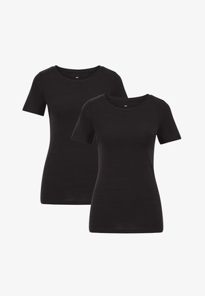 Mustad lühikeste varrukatega t-särgid, ümar kaelus, keha ligi hoidv disain, pehme tekstuur, sisaldab kahte identset tükki erinevates asendites.