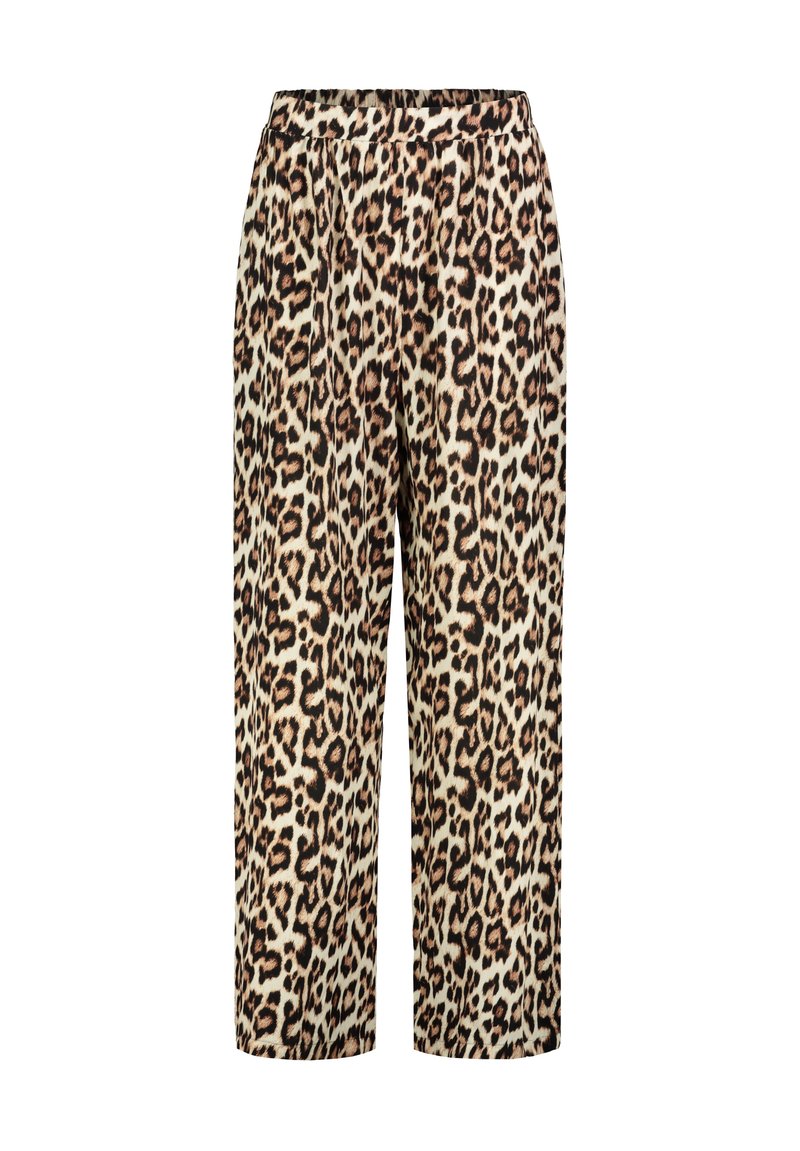Weit geschnittene Hose im Leopardenmuster mit elastischem Bund, aus weichem Stoff in verschiedenen Brauntönen und Creme.