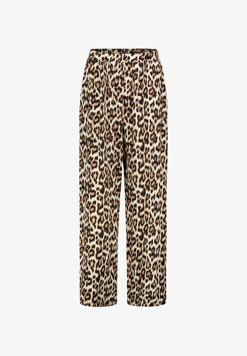 Weit geschnittene Hose im Leopardenmuster mit elastischem Bund, aus weichem Stoff in verschiedenen Brauntönen und Creme.