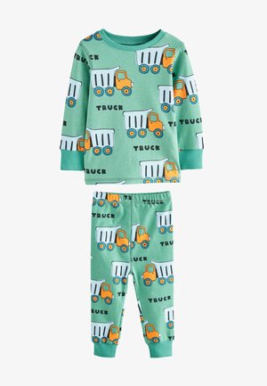 Zelená pyžamová sada s dlhým rukávom a nohavicami. Dizajn obsahuje oranžové nákladné autá a slovo "TRUCK" v čiernej farbe, vyrobené z jemnej bavlny.