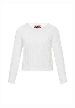 Valge koetiga sviiter, millel on ribade tekstuur, ümmargune kaelus ja pikad varrukad, kus on esitatud vertikaalsed mustrid.