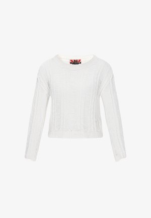 Hvid strikket sweater med ribbet struktur, der har en rund halsudskæring og lange ærmer, samt vertikale mønsterdetaljer.