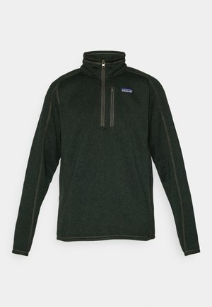 Tume rohelise värvi Patagonia fliisist pullover, millel on neljandik tõmblukk ja rinnakott, pikad varrukad ja kõrge krae.