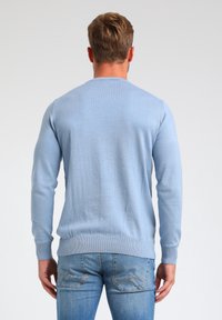 Mężczyzna widoczny z tyłu, ubrany w jasnoniebieski sweter z długim rękawem i wyblakłe niebieskie dżinsy na jednolitej białej tle.