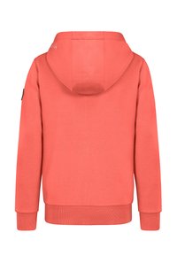 Koraalkleurige hoodie van achteraf getoond met ribgebreide manchetten en zoom, lange mouwen en subtiele gestikte details op de capuchon.
