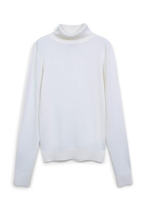 Maglione bianco a collo alto con maniche lunghe, realizzato in un tessuto morbido. Presenta un colletto e polsini a coste, che conferiscono un aspetto aderente.