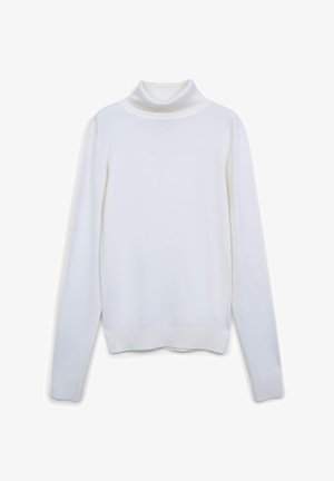 Maglione bianco a collo alto con maniche lunghe, realizzato in un tessuto morbido. Presenta un colletto e polsini a coste, che conferiscono un aspetto aderente.