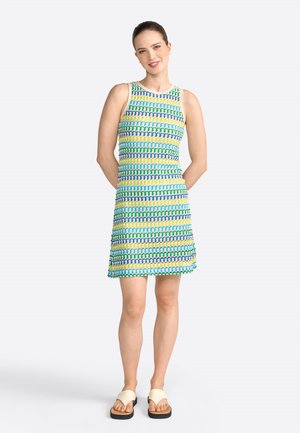 Sleeveless dress featuring a multicolored geometric pattern in green, yellow, and blue. Made of soft fabric, with a relaxed fit and a flared hem.